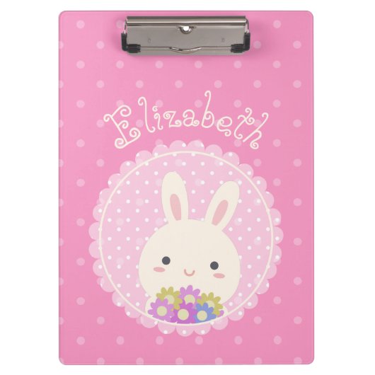 Girly Pink Cute Kawaii Bunny & Flowers Custom Name Klembord (Voorkant)