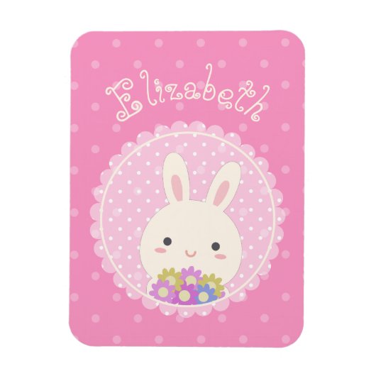 Girly Pink Cute Kawaii Bunny & Flowers Custom Name Magneet (Verticaal)
