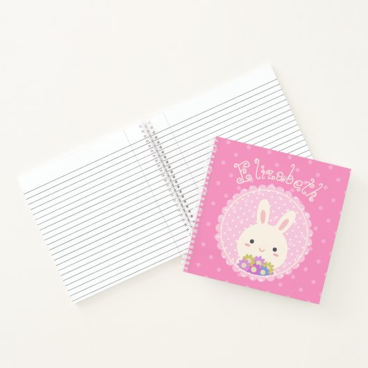 Girly Pink Cute Kawaii Bunny & Flowers Custom Name Notitieboek (Binnen)