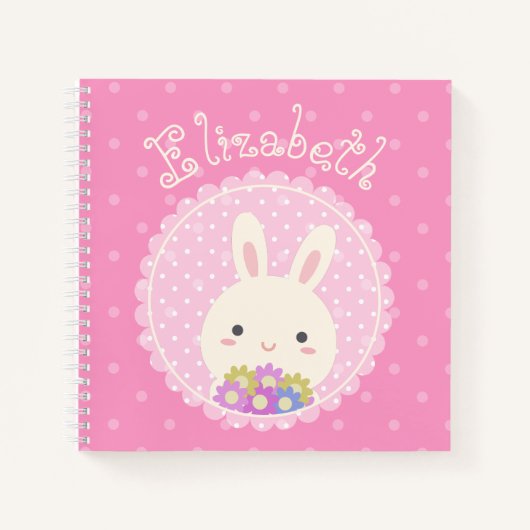 Girly Pink Cute Kawaii Bunny & Flowers Custom Name Notitieboek (Voorkant)