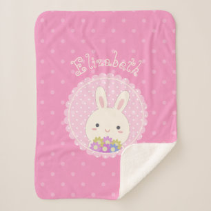Girly Pink Cute Kawaii Bunny & Flowers Custom Name Sherpa Deken