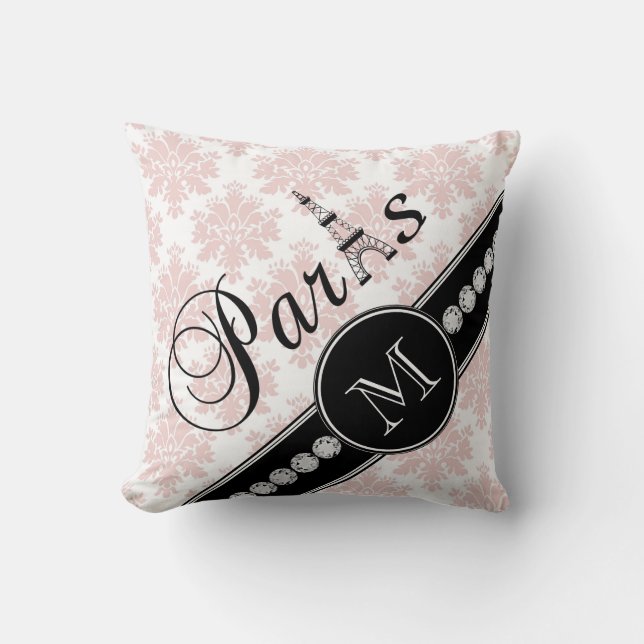 Girly Pink Damask Black Paris Monogram Kussen (Voorkant)