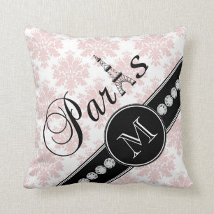 Girly Pink Damask Black Paris Monogram Kussen