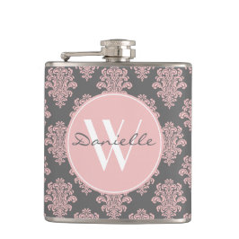 Girly Pink Damask Monogram Heupfles
