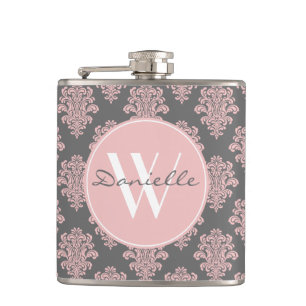 Girly Pink Damask Monogram Heupfles