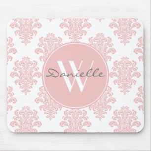 Girly Pink Damask Monogram Muismat