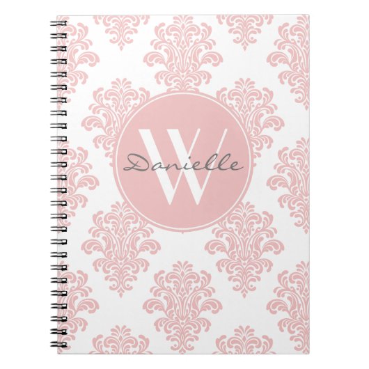 Girly Pink Damask Monogram Notitieboek (Voorkant)