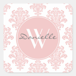 Girly Pink Damask Monogram Vierkante Sticker