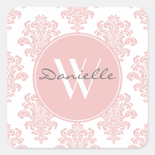 Girly Pink Damask Monogram Vierkante Sticker (Voorkant)