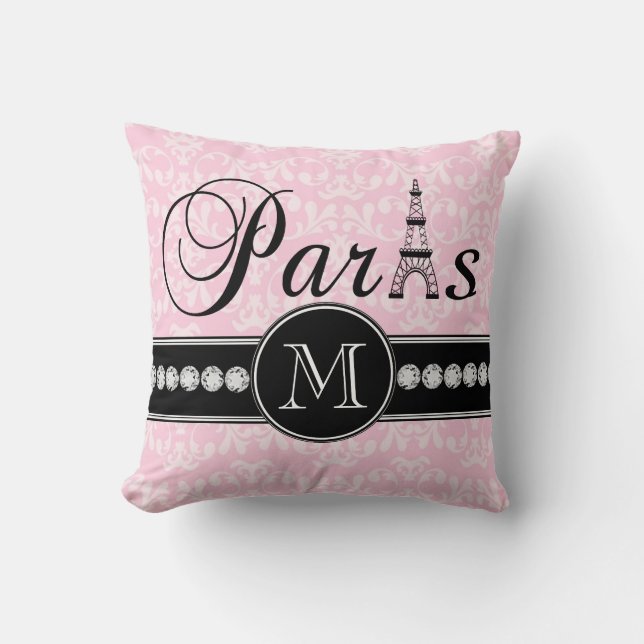 Girly Pink Damask Paris Monogrammed Kussen (Voorkant)