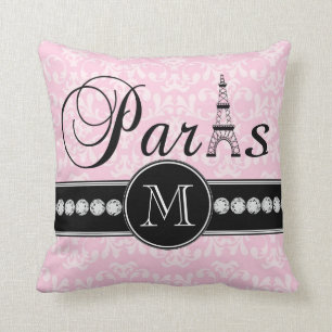 Girly Pink Damask Paris Monogrammed Kussen