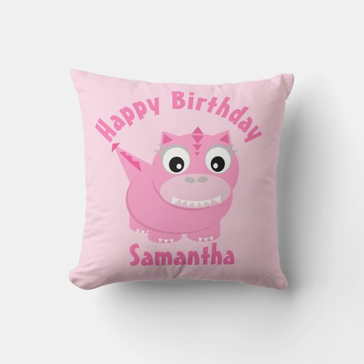 Girly Pink Dinosaur Cartoon Kinder naam Birthday Kussen (Voorkant)
