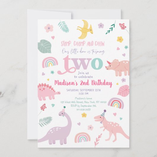 Girly Pink Dinosaurus 2e Verjaardag Kaart (Voorkant)