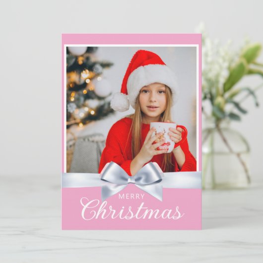 Girly Pink Een foto Vrolijke Kerstmis Groet Feestdagenkaart (Staand voorkant)