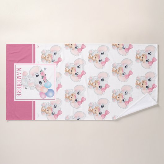 Girly Pink Elephant met Bow en Ballonpatroon Badhanddoek (Badhanddoek)