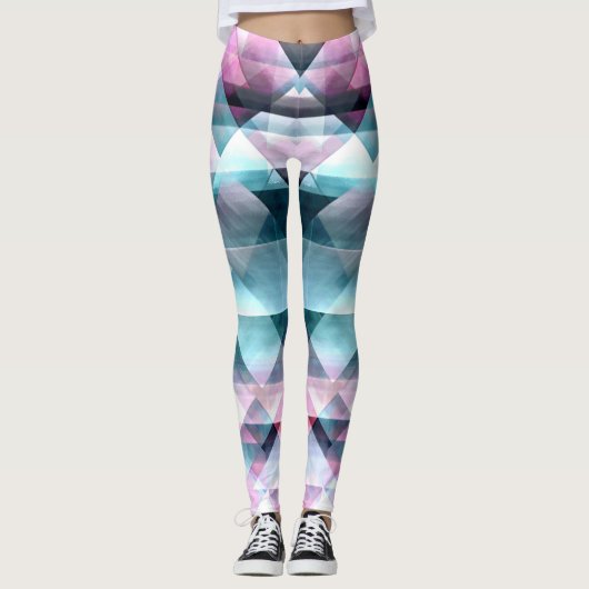 Girly Pink en Blue Abstract Geometric Pattern Leggings (Voorkant)