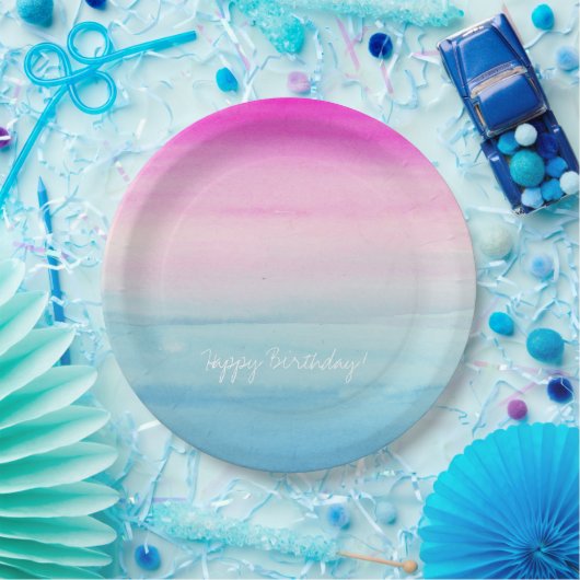 Girly Pink en Blue Waterverf Ombre | Geboortedag Papieren Bordje (Feest)