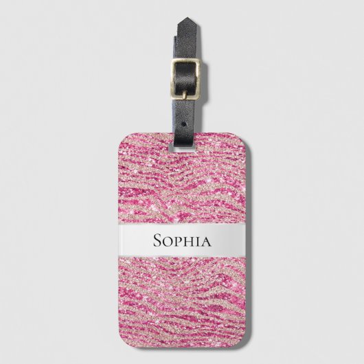 Girly Pink en Blush Glitter Zebra Bagagelabel (Voorkant (verticaal))