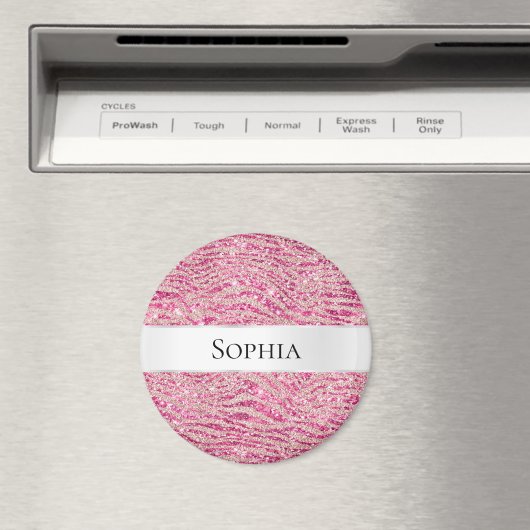Girly Pink en Blush Glitter Zebra Naam Magneet (Insitu (Vaatwasser))