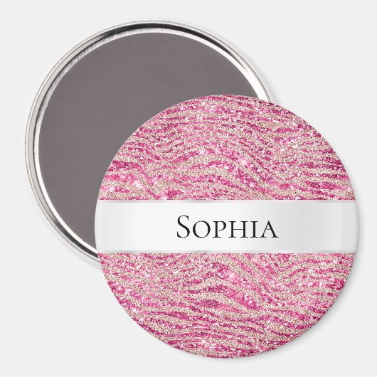 Girly Pink en Blush Glitter Zebra Naam Magneet (Voorkant / Achterkant)
