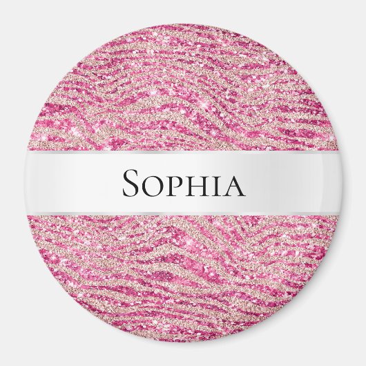 Girly Pink en Blush Glitter Zebra Naam Magneet (Voorkant)