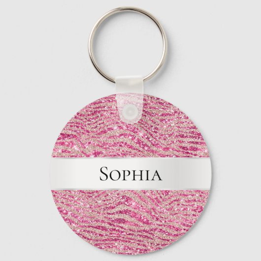 Girly Pink en Blush Glitter Zebra Naam Sleutelhanger (Voorkant)
