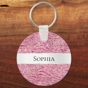 Girly Pink en Blush Glitter Zebra Naam Sleutelhanger