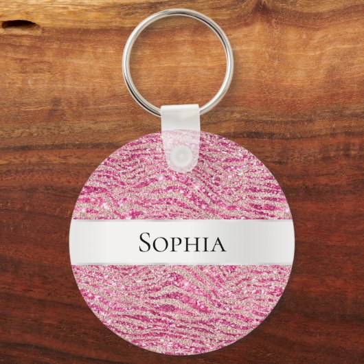 Girly Pink en Blush Glitter Zebra Naam Sleutelhanger (Voorkant)