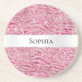 Girly Pink en Blush Glitter Zebra Naam Zandsteen Onderzetter (Voorkant)