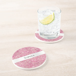 Girly Pink en Blush Glitter Zebra Naam Zandsteen Onderzetter