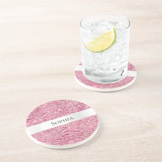 Girly Pink en Blush Glitter Zebra Naam Zandsteen Onderzetter (Zijkant)