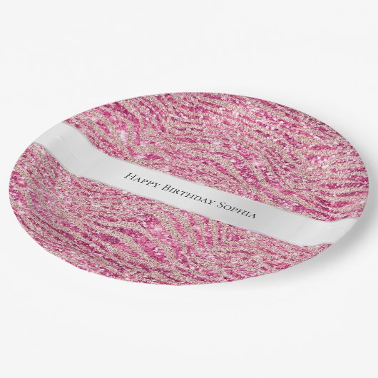 Girly Pink en Blush Glitter Zebra Verjaardag Papieren Bordje (Gekanteld)