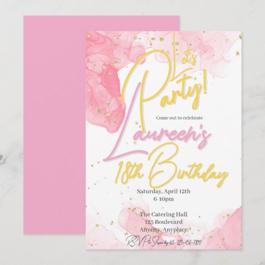 Girly Pink en Gold Speckle verjaardagsuitnodiging Kaart (Voorkant / Achterkant)