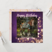 Girly Pink en Paarse Glitter Horse Birthday Kaart (Voorkant / Achterkant in situ)