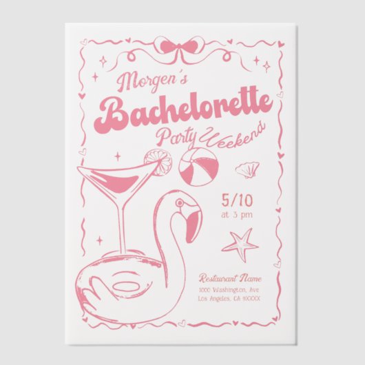 Girly Pink en White Bachelorette Weekendfeest Vellum Uitnodigingen (Voorkant)
