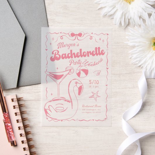 Girly Pink en White Bachelorette Weekendfeest Vellum Uitnodigingen (Huwelijk)