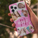 Girly Pink Family Foto Collage Case-Mate iPhone Case<br><div class="desc">Een speciaal draagtas met een roze achtergrond met trendy structuur,  vijf afbeeldingen uit de familie,  witte sterren,  uw initiaal en naam.</div>