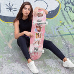 Girly Pink Family Foto Collage Persoonlijk Skateboard<br><div class="desc">Het skateboard is het perfecte cadeau voor de trendy en familiegerichte vrouwen van vandaag. Esthetisch is het ontworpen om opvallend en aantrekkelijk te zijn voor meisjesachtige smaken - met een gladde en delicate roze getextureerde achtergrond, omgeven door witte sterren en gepersonaliseerd met vier familiefoto's en een initiaal en naam naar...</div>