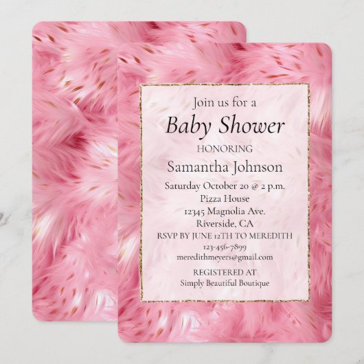 Girly Pink Faux Fur Baby shower Kaart (Voorkant / Achterkant)