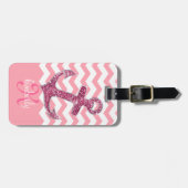 Girly Pink Faux Glitter Anchor Chevron Monogram Bagagelabel (Voorkant horizontaal)