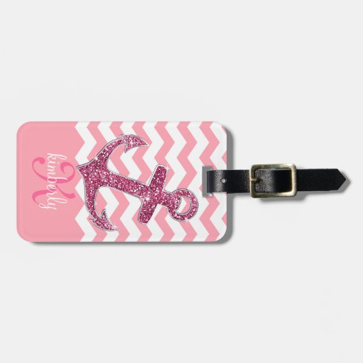 Girly Pink Faux Glitter Anchor Chevron Monogram Bagagelabel (Voorkant horizontaal)