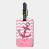 Girly Pink Faux Glitter Anchor Chevron Monogram Bagagelabel (Voorkant verticaal)