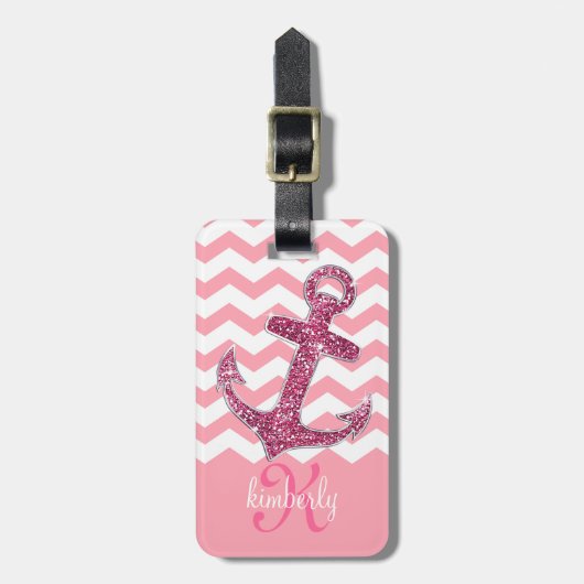 Girly Pink Faux Glitter Anchor Chevron Monogram Bagagelabel (Voorkant verticaal)