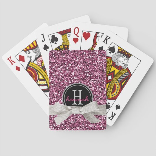 Girly Pink Faux Glitter met lint en monogram Pokerkaarten (Achterkant)
