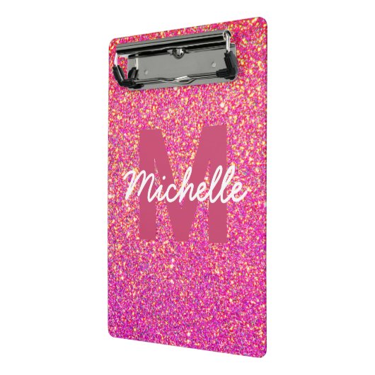 Girly Pink Faux Glitter Sparkle Monogram Naam Mini Klembord (Angled2)