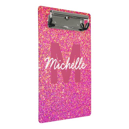 Girly Pink Faux Glitter Sparkle Monogram Naam Mini Klembord (Schuin)
