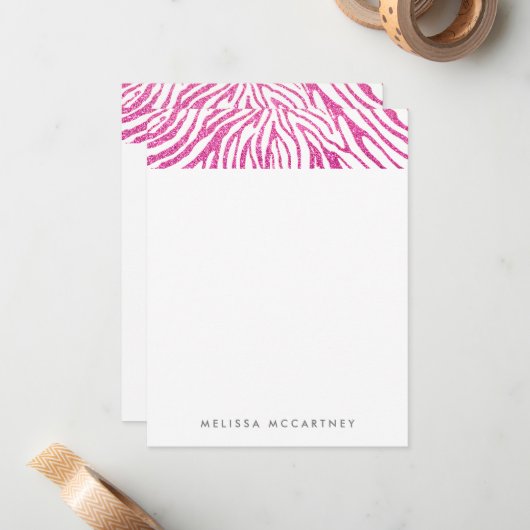 Girly Pink Faux Glitter Zebra Pattern Stationery Notitiekaartje (Voorkant / Achterkant in situ)