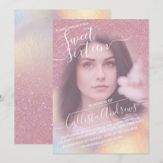 Girly Pink Faux Iridescent Glitter Foto Sweet 16 Kaart (Voorkant / Achterkant)
