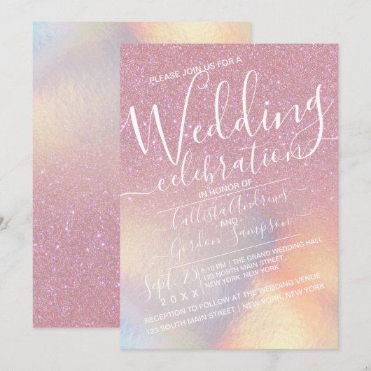 Girly Pink Faux Iridescent Glitter Ombre Wedding Kaart (Voorkant / Achterkant)