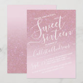Girly Pink Faux Sparkly Glitter Ombre Sweet 16 Kaart (Voorkant / Achterkant)